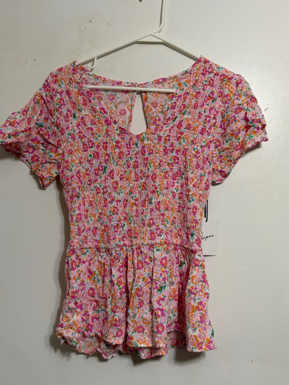 Smocked Floral Peplum Blouse - Pink